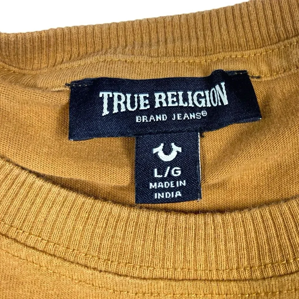 True Religion T Shirt Mens LARGE Orange Long Sleeve Crew Neck Graphic Print Logo